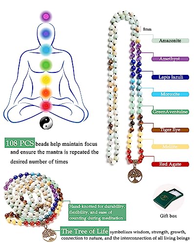 Bivei 7 Chakra 108 Mala Beads Bracelet Real Gemstone Yoga Meditation Hand Knotted Mala Prayer Bead Necklace - size: 8mm, style: Life Tree - 8mm Amazonite