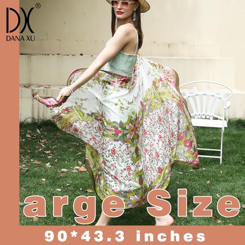 100% Mulberry Extra Large Silk Pashmina Scarf Shawls And Wraps For Women Evening Dress Summer Travel Floral Blanket - color: 60 Green&red