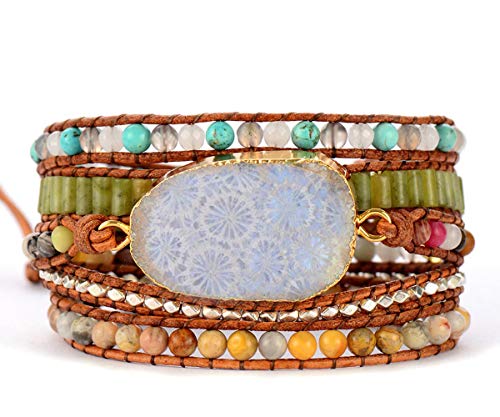 Boho Wrap Bracelet for Women, Handmade Natural Imperial Jasper Multi-Layer Stone Beaded Bracelet, Bohemian Healing Crystal Stone Jewelry Gifts - color: Agalmatolite