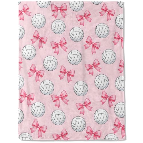 Volleyball Bow and Bow Fleece Blanket,Cute Sport Ball and Pink Bows Blankets,Soft and Warm Decorative Throws for Sofa,Car,Travel,Camping,Lightweight Throw Gifts for Teen Girls Women 40”x50” - color: Volleyball, size: 40x50 inch