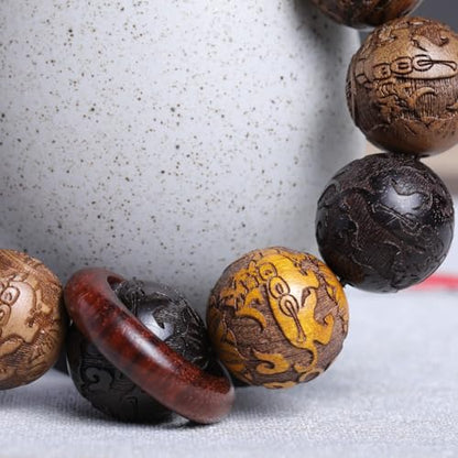 Zen Dear Unisex Natural Colorful Wood Buddhist Prayer Beads Bracelet Necklace Tibetan Mala Prayer Beads - style: 20mm 12beads Carve+Ring