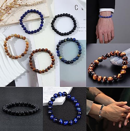 FIRAZIO 12Pcs 8mm Gemstones Beaded Stretch Bracelet for Women Crystal Stone Bracelets Round Beads Semi-Precious Stretch Bracelet Set Unisex