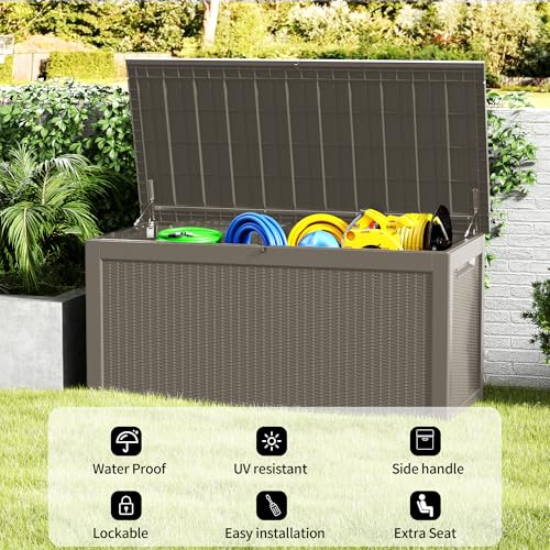 320 Gallon Outdoor Storage Box, Waterproof Resin Deck Box with Lockable Lid Large Storage Bin for Patio Furniture Cushion, Garden Tools, Pool Accessories UV-Resistant Outside Delivery, Grey