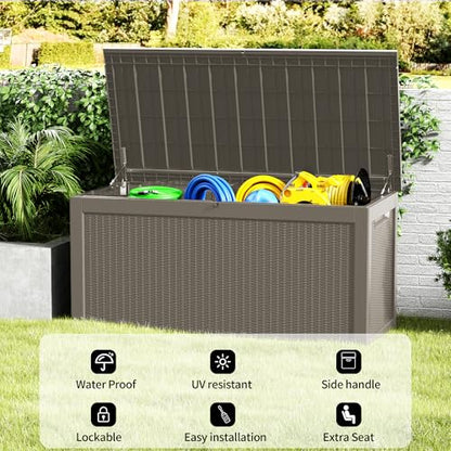320 Gallon Outdoor Storage Box, Waterproof Resin Deck Box with Lockable Lid Large Storage Bin for Patio Furniture Cushion, Garden Tools, Pool Accessories UV-Resistant Outside Delivery, Grey