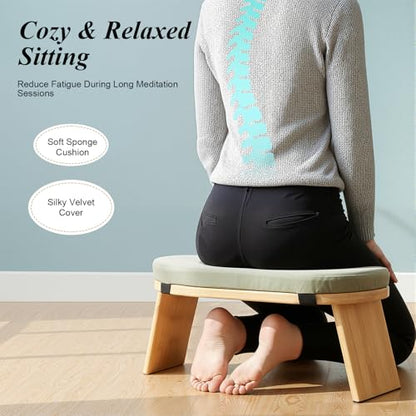 Foldable Meditation Bench with Cushion,Bamboo Meditation Stool,Portable Kneeling Stool,Prayer Bench,Green,Wood Color - color: Green,wood Color