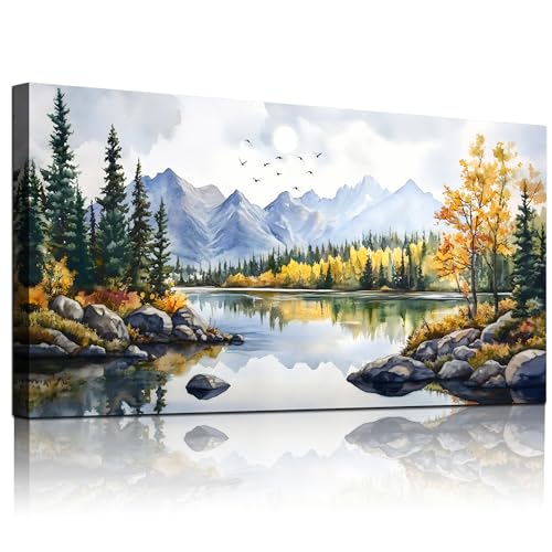 WLWBINTING Ocean Canvas Wall Art For Living Room,Large Landscape Wall Decor For Bedroom Office Decorations Ink Mountain Lake Paintings Canvas Prints Forest Pictures Artwork Modern Home Decor Mural - color: Watercolor Landscape Painting, size: 48"L x 24"W