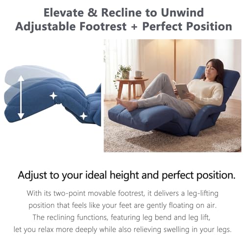Adjustable Floor Gaming Chair for Adults with Armrests & Adjustable Footrest, 14-Position Folding Chaise Lounge Sofa for Living Room, Bedroom, Balcony (Blue) - color: Blue