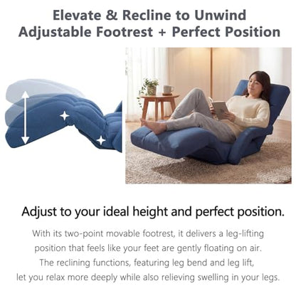 Adjustable Floor Gaming Chair for Adults with Armrests & Adjustable Footrest, 14-Position Folding Chaise Lounge Sofa for Living Room, Bedroom, Balcony (Blue) - color: Blue