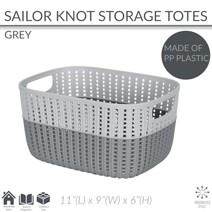 Simplify 2 Tone Sailor Knot Plastic Storage Tote | Decorative Basket | Closet Organization | De-clutter | Accessories | Toys | Bathroom Organization | Medium | Grey/Grey