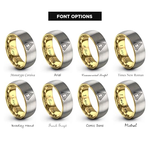 Gift for Yoga Fan - Yoga Meditation Ring - Flat Dome Bevel - Band - Men Women - Brushed Polished - Tungsten - Personalized Custom Engraving - 8mm - Anniversary Wedding - Yellow Rose Gold Silver - color: 04 - Yellow Gold Grey Tungsten