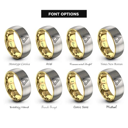 Gift for Yoga Fan - Yoga Meditation Ring - Flat Dome Bevel - Band - Men Women - Brushed Polished - Tungsten - Personalized Custom Engraving - 8mm - Anniversary Wedding - Yellow Rose Gold Silver - color: 04 - Yellow Gold Grey Tungsten