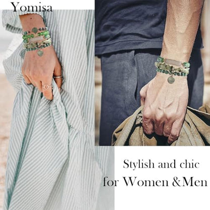 5PCS 6PCS Natural Boho Beaded Bracelets/Bangle for Women Men,Healing Turquoise Jasper Agate Crystal Gemstone Stone Chakra Multilayer Wrap Bohemian Handmade Jewelry Beads Stretch Bracelet Set