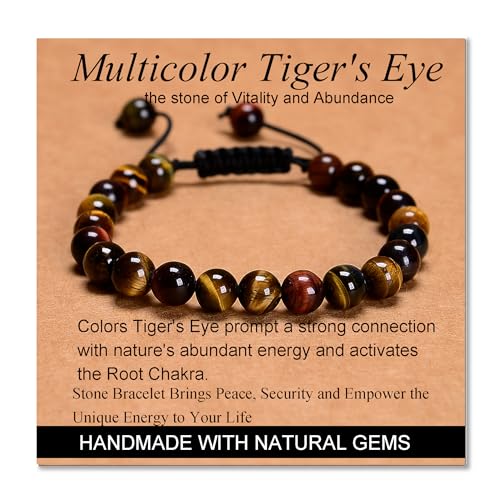 MASSIVE BEADS Handmade Yoga Natural Stone Crystal Healing Power Energy Gifts for Unisex Adult Bracelet Macrame Adjustable - color: 3-Tiger's Eye (Vitality and Abundance), size: 8mm