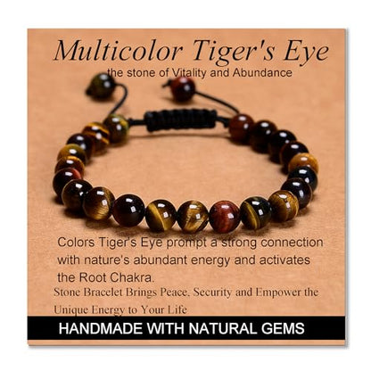 MASSIVE BEADS Handmade Yoga Natural Stone Crystal Healing Power Energy Gifts for Unisex Adult Bracelet Macrame Adjustable - color: 3-Tiger's Eye (Vitality and Abundance), size: 8mm