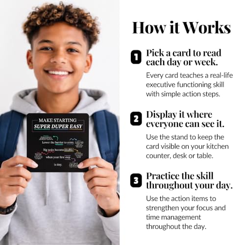 Executive Functioning Cards – 52 Daily Habit & Focus Cards for Organization, Time Management & Self-Control – For Kids, Teens & Adults – Includes Wooden Display Stand - style: Executive Functioning
