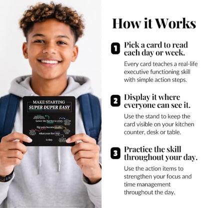 Executive Functioning Cards – 52 Daily Habit & Focus Cards for Organization, Time Management & Self-Control – For Kids, Teens & Adults – Includes Wooden Display Stand - style: Executive Functioning