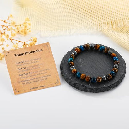 Gnamy Crystal Bracelet Gifts for Men Him- Triple Protection Hematite Black Obsidian Tiger Eye Gemstone Beaded Bracelets Birthday Healing Jewelry Gifts - style: Style 3