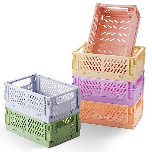 6-Pack Small Pastel Plastic Storage Baskets, Collapsible Crates for Organizing, Space-Saving Mini Bins for Classroom, Kitchen, Office, Bedroom (5.9" x 3.8" x 2.2") - color: Yellow, Orange, Purple, Cherry Pink, Light Blue, Green, size: Small: 5.9"x 3.8" x
