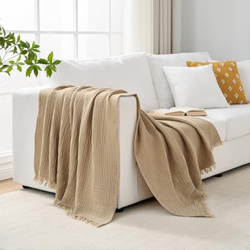 Muslin Blanket 100% Cotton Blanket Throw 50”x65”, Lightweight Breathable Summer Blanket Throw. Supersoft 4-Layer Gauze Throw Blanket for Sofa, Couch, Bed, All-Season Use, Sand