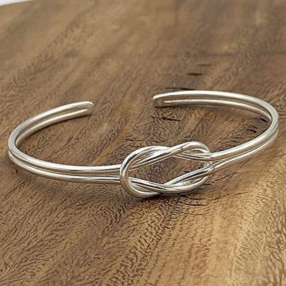 Handmade Sterling Silver Dainty Minimalist Knot Cuff Bracelet, Simple Silver Tied Wires, Adjustable 6 3/4 inches Cuff, Women size M-L, Gift for Her