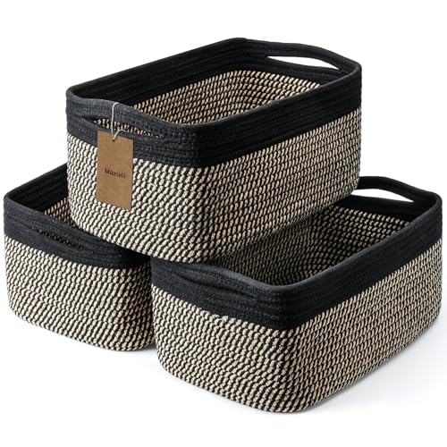 3-Pack Shelf Baskets for Organizing, Closet Organizer Bins, Small Woven Baskets, Rope Toy Basket, Storage Basket for Shelves, Cube Decorative Box, 11.8×7.8×5.1”, Black Brown - color: Black+Brown, size: 11.8"L×7.8"W×5.1"H