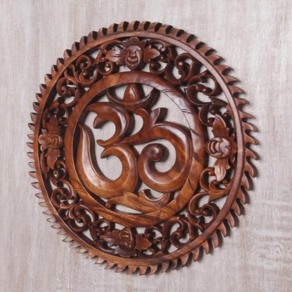 NOVICA Artisan Handcarved Wood Wall Relief Panel Om Motif from Bali Brown Indonesia Decor Panels Hinduism East Meets West Spiritual Religious Balinese Traditional Carvings [0.8in H x 15.75in Diam.]