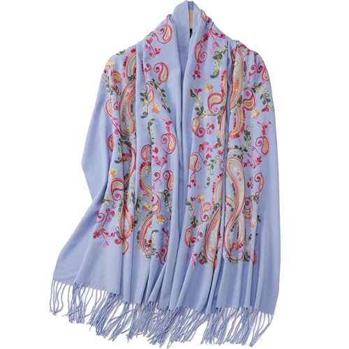 Embroidered Brushed Shawl Paisley Leaves Pattern Scarf Soft Ponchos Wrap Cape With Fringes - color: 033-baby Blue