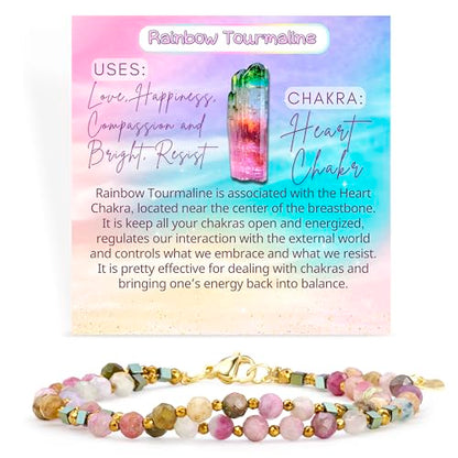 Farfume Beaded Bracelets for Women, Chakra Crystal 4mm Beads Gemstone Natural Stone Bead Spiritual Jewelry Gifts for Women - color: Rainbow Tourmaline-Happiness