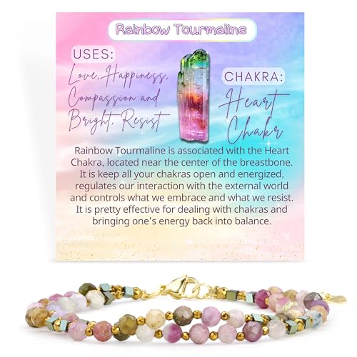 Farfume Beaded Bracelets for Women, Chakra Crystal 4mm Beads Gemstone Natural Stone Bead Spiritual Jewelry Gifts for Women - color: Rainbow Tourmaline-Happiness
