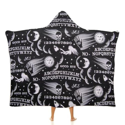 Skull Moon Sun Gothic Witch Board Seamless Black Large Size Comfortable Hooded Blanket, Warm Blanket 50"x60" - color: Skull Moon Sun Gothic Witch Board Seamless Bl, size: 50"x60"