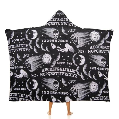 Skull Moon Sun Gothic Witch Board Seamless Black Large Size Comfortable Hooded Blanket, Warm Blanket 50"x60" - color: Skull Moon Sun Gothic Witch Board Seamless Bl, size: 50"x60"