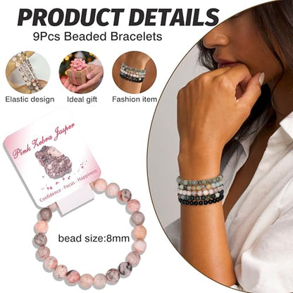 BOMAIL 9Pcs Healing Crystal Bracelets for Women Men 4mm 6mm 8mm Natural Stone Beaded Stretch Bracelet Set Handmade Gemstone Reiki Spiritual Jewelry Gifts - color: C:8mm