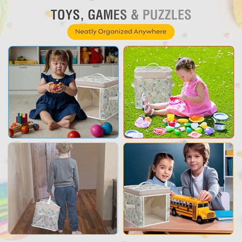 12" Soft Side Zipper Toy Storage Bag, Quilt Pattern Cloth Cube, Reusable, Clear Bag, Playroom, Bedroom & Puzzles Board Game Organizers And Storage Bin, Flowers Design - color: Flowers