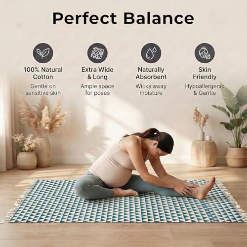 VINYASA Handwoven Cotton Yoga Rug Mat – Naturally Dyed | Absorbent, Washable Yoga Mat/Fitness Rug, Hatha, Pilates & Meditation - Non-Slip Grip | Extra Long & Wide | Trikon Series - color: Indigo