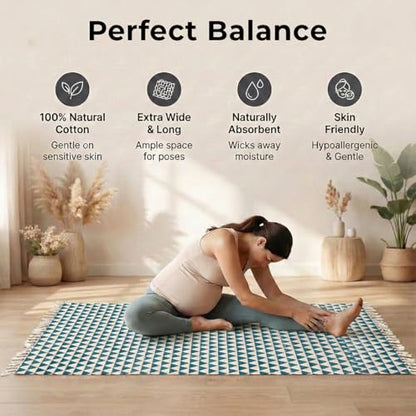 VINYASA Handwoven Cotton Yoga Rug Mat – Naturally Dyed | Absorbent, Washable Yoga Mat/Fitness Rug, Hatha, Pilates & Meditation - Non-Slip Grip | Extra Long & Wide | Trikon Series - color: Indigo