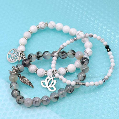 Tree of Life Yoga Healing Stone Bracelets,Multilayer Lotus Chakra Stone Reiki Bracelet Sets,Anxiety Crystal Natural Stone,for Women Stress Relief - style: White Turquoise + Dragon Pattern Stone