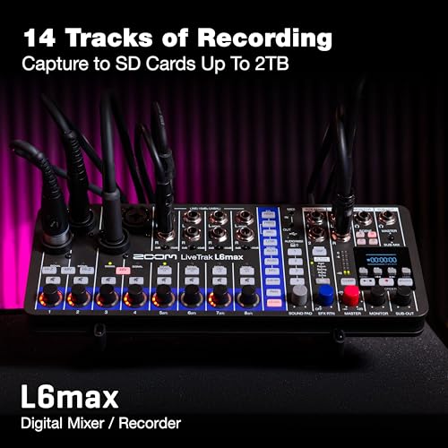 Zoom LiveTrak L6max Digital Mixer and Recorder, 12-Channel, 32-Bit Float, Battery Powered, 4 Combo + 8 Stereo Inputs, MIDI, Effects, Sound Pads, 3-Band EQ, AI Noise Reduction