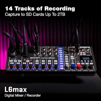Zoom LiveTrak L6max Digital Mixer and Recorder, 12-Channel, 32-Bit Float, Battery Powered, 4 Combo + 8 Stereo Inputs, MIDI, Effects, Sound Pads, 3-Band EQ, AI Noise Reduction
