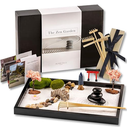 Zen Garden Kit 11x8in. Beautiful Japanese Decor Mini Rock Feature Gift Set for Home, Office Desk. Zen Sand Garden, 6 Tools, 15 Accessories. Sand Tray Therapy Desktop Meditation Room