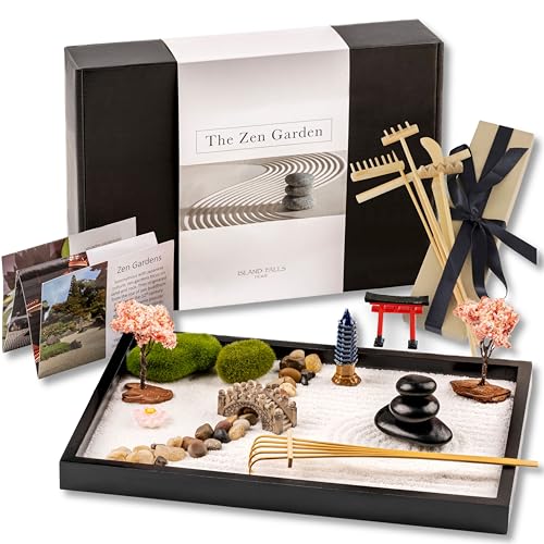 Zen Garden Kit 11x8in. Beautiful Japanese Decor Mini Rock Feature Gift Set for Home, Office Desk. Zen Sand Garden, 6 Tools, 15 Accessories. Sand Tray Therapy Desktop Meditation Room