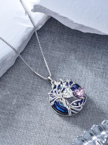 TOUPOP s925 Sterling Silver Family Celtic Tree of Life Pendant Necklaces with 2 Heart Birthstone with Blue Austrian Crystal Jewelry Birthday Valentines Day Gifts for Her, Anniversary Christmas Gifts for Wife Girlfriend Mom (18K Real White Gold Filled) - c
