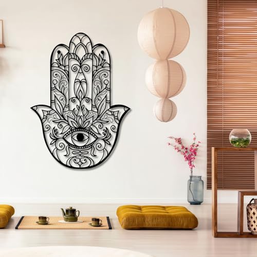 Hamsa Hand Metal Wall Decor, Sacred Geometry Metal Wall Art, Hamsa Wall Art, Zen Wall Decor for Living Room, Bedroom, Yoga Room, Meditation Space (Black,35" H x 26" W / 90 x 66 cm) - color: Black, size: 35"H x 26"W / 90 x 66 cm