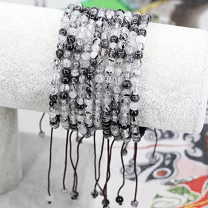 Keleny Natural Gemtones 4mm Round Beads Crystal Adjustable Braided Macrame Tassels Bracelets Unisex - color: Black Rutilated Quartz