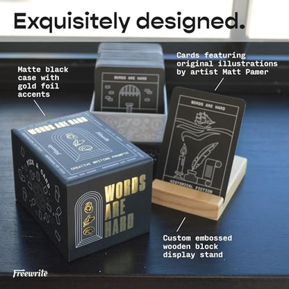 Freewrite Words are Hard Writing Prompt Deck | 150 Creative Writing Prompts for 8 Genres | Gifts for Writers with Inspiring Illustrations | Storytelling Cards with a Custom Wooden Stand