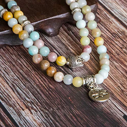 Bivei 108 Mala Beads Necklace Long Beaded Wrap Bracelets Genuine Gemstone Mala Prayer Beads Lotus Buddha Charm Yoga Meditation Necklace - color: Amazonite-Lotus OM-Buddha