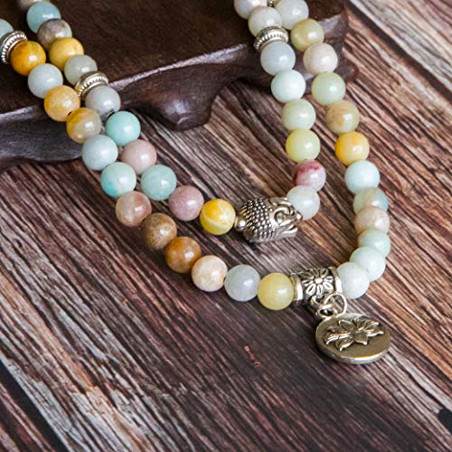 Bivei 108 Mala Beads Necklace Long Beaded Wrap Bracelets Genuine Gemstone Mala Prayer Beads Lotus Buddha Charm Yoga Meditation Necklace - color: Amazonite-Lotus OM-Buddha