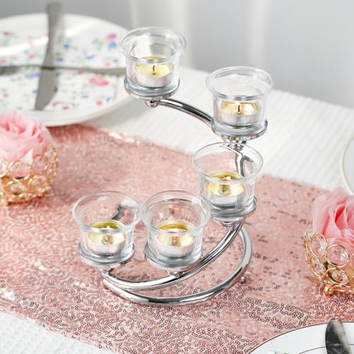 1Pc Silver 5-arm Metal & Glass Tea Light Candle Holders for Table Centerpiece, Glass Votive Tealight Holders/Candelabra Candlestick Holders for Wedding,Party, Anniversary,Christmas - color: Silver