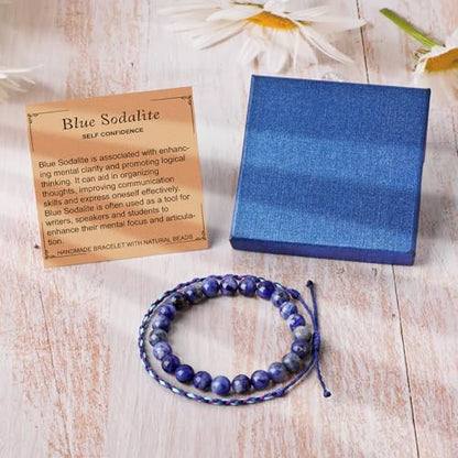 QOGIR 2pcs Handmade Healing Bracelet, Natural Gem Stone Crystal Elastic Bracelet - color: Blue Sodalite(Self Confidence), size: 8mm