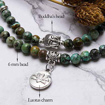 Bivei 108 Mala Beads Necklace Long Beaded Wrap Bracelets Genuine Gemstone Mala Prayer Beads Lotus Buddha Charm Yoga Meditation Necklace - color: African Turquoise-Lotus OM-Buddha
