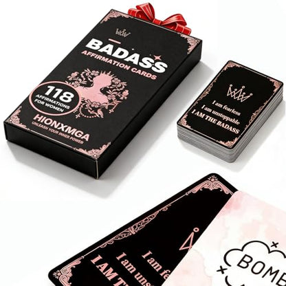 HIONXMGA Badass Affirmation Cards for Women, 60 Double Sided Inspirational and Motivational Cards, 118 Unique Positive Quotes for Daily Self Care, Empowering Gifts for Women, Friends & Coworkers